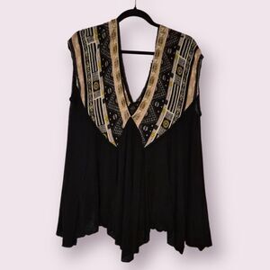 Free People Black Trapeze Slub Tee Top Tunic Shirt Size M relaxed Deep V | EUC